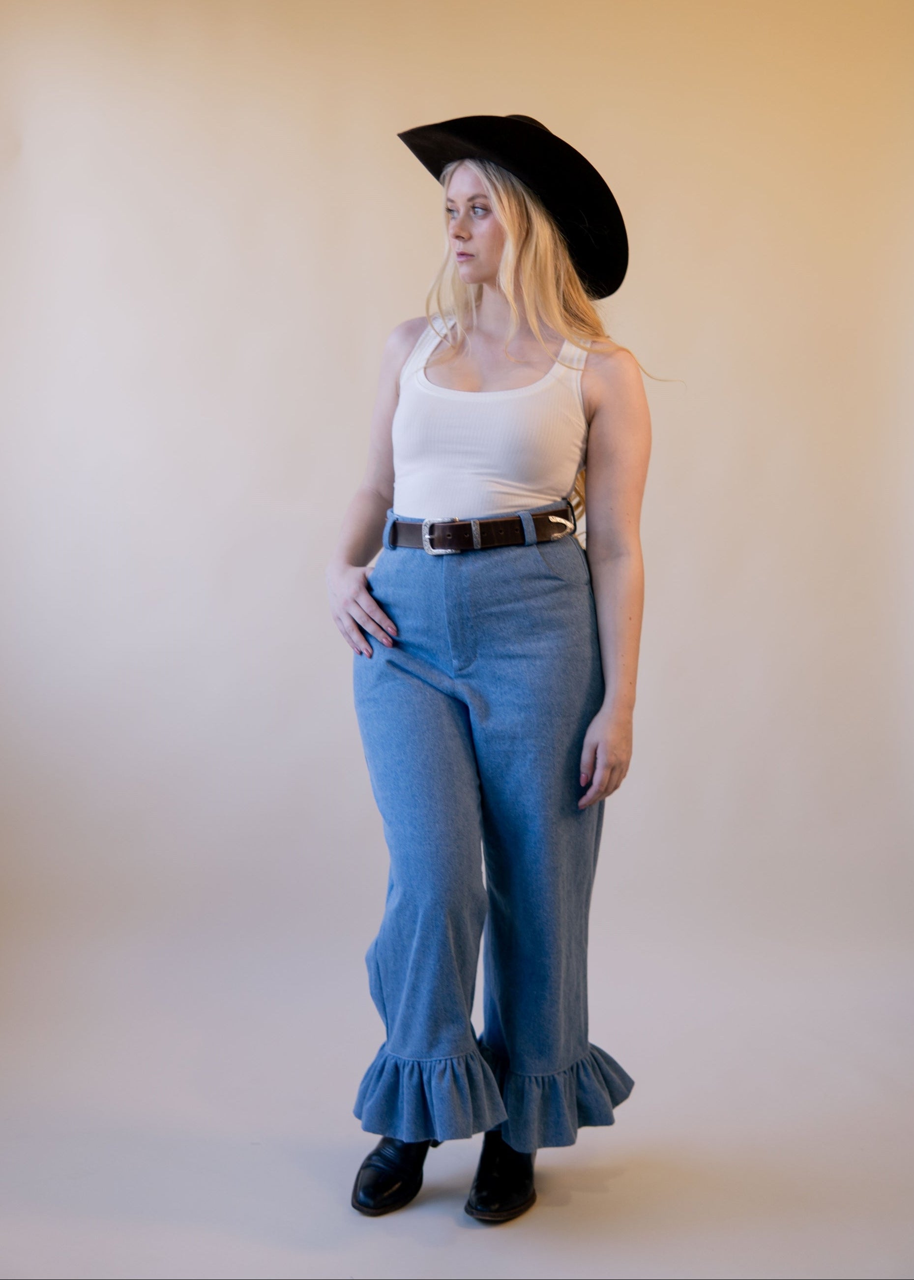 Lilooet | Denim Ruffle Cuff Pants, Street_and_Saddle, local_plus_size_inclusive_ethical