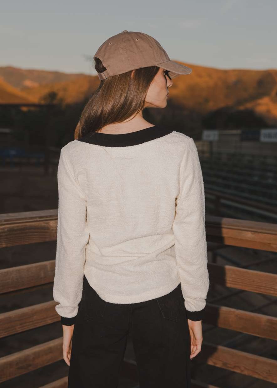 Milton Menasco | Fille Bouclé Cotton V-neck Sweater, Street_and_Saddle, local_plus_size_inclusive_ethical