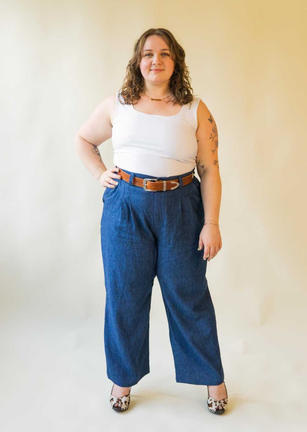 Hickstead Trouser | Chambray Wide Leg High Rise Pleated Pant, Street_and_Saddle, local_plus_size_inclusive_ethical