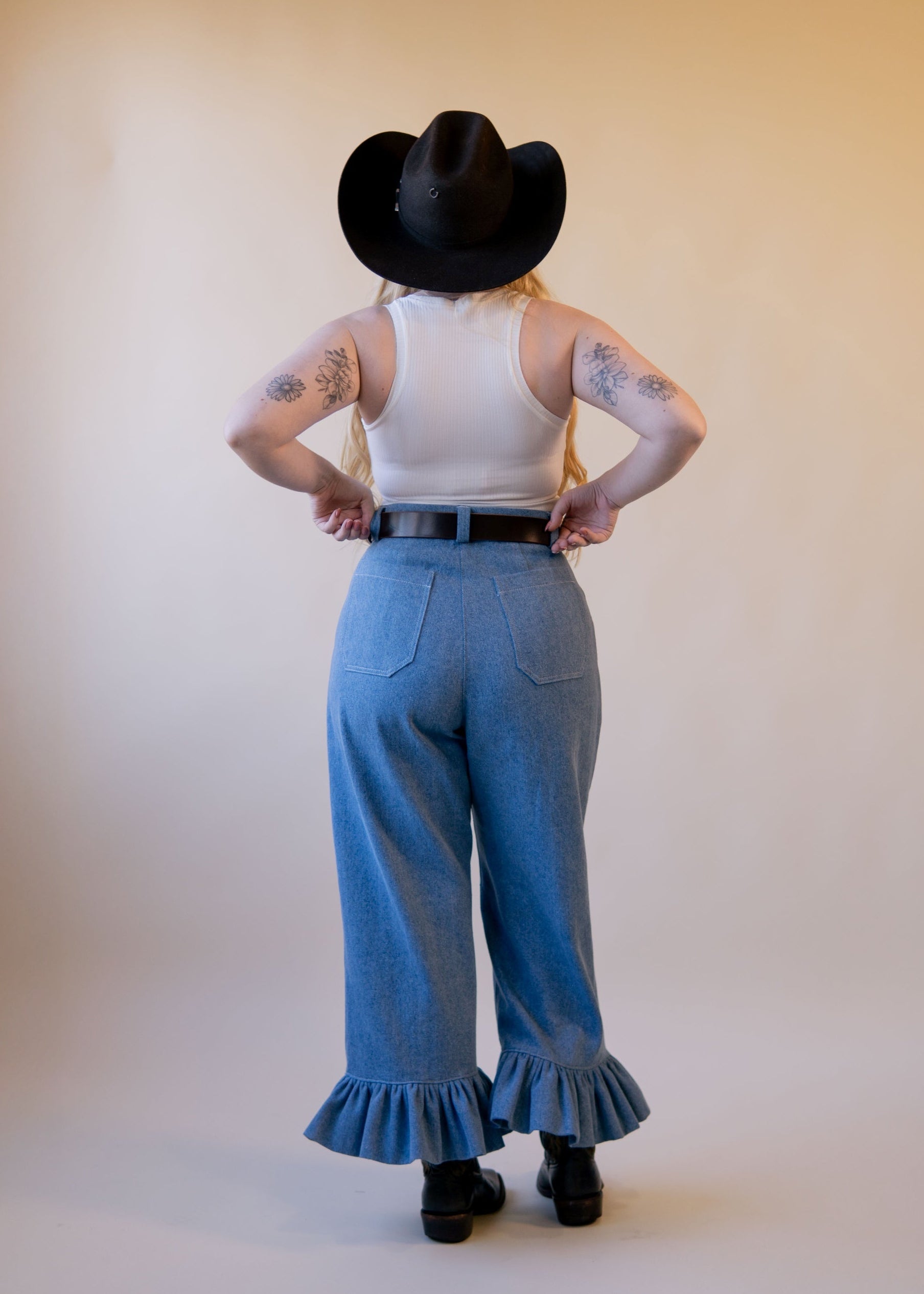 Lilooet | Denim Ruffle Cuff Pants, Street_and_Saddle, local_plus_size_inclusive_ethical