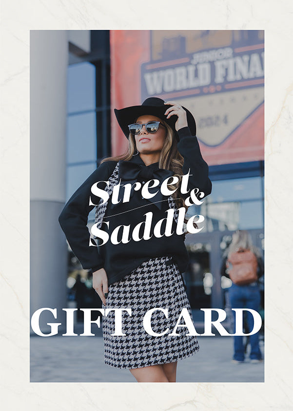 Woman in stylish outfit with 'Street & Saddle' text overlay